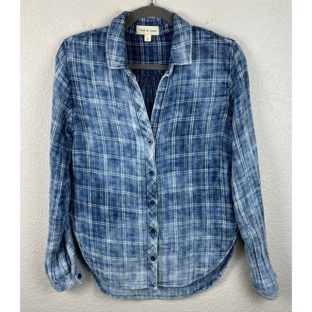 Cloth & Stone Shirt Womens Small Blue Cloud Mineral Wash Plaid Button Up Western